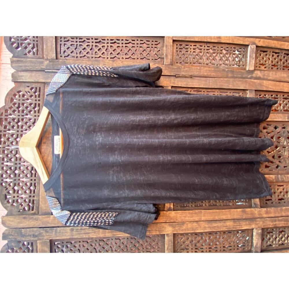 Torn By Ronny sheer Black Short Sleeve T-Shirt w Silver Fringe Beaded Epaulette